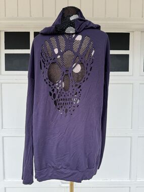 Blumin Purple Skull Full Zip Hoodie Fishnet Cutout Polka Dot Eggplant Goth Alt M